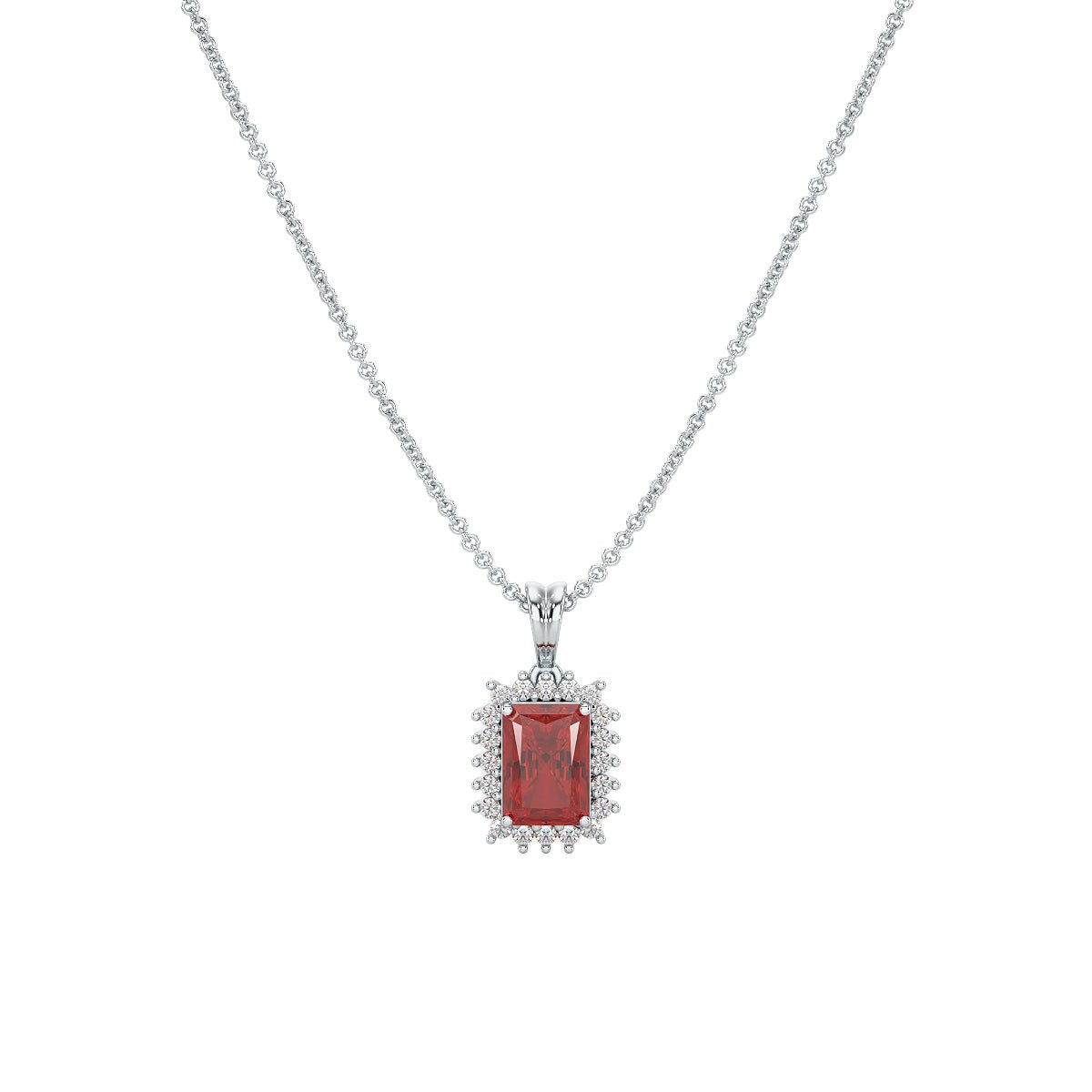 Rectangular Ruby Sunburst Pendant in white gold or platinum