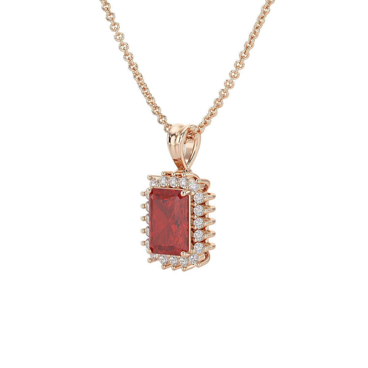 Rectangular Ruby Sunburst Pendant in rose gold