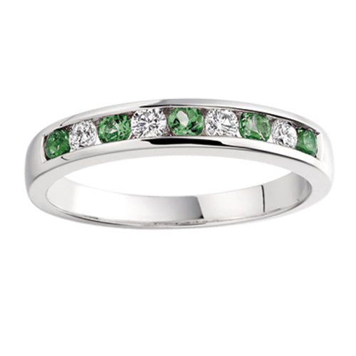 An elegant Emerald &amp; Diamond Channel Set Half Eternity Ring with alternating emeralds and diamonds in a sleek channel design.