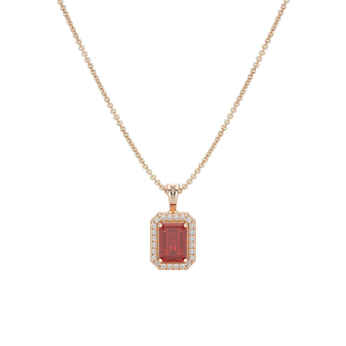 Rectangular Ruby Halo Pendant in rose gold