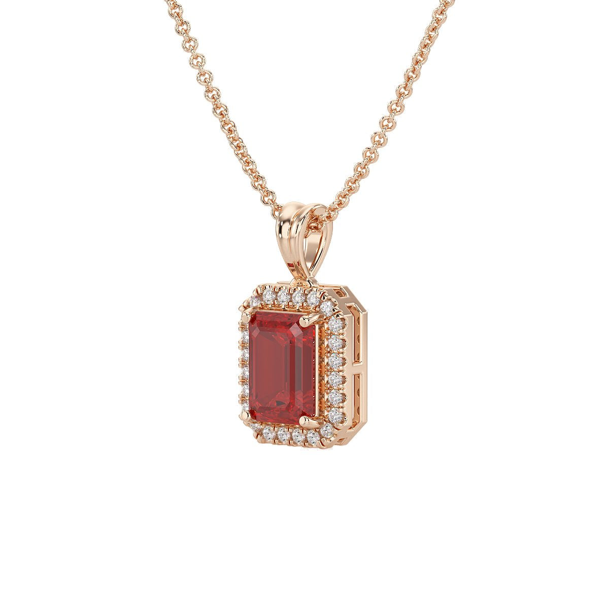 Rectangular Ruby Halo Pendant in rose gold, perspective view