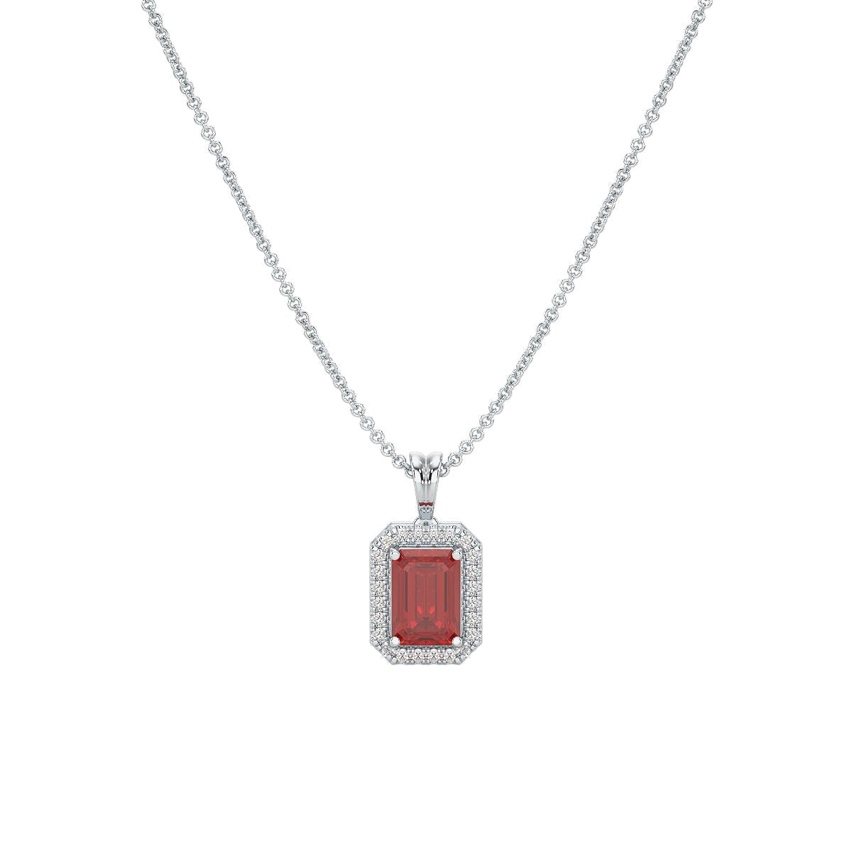 Rectangular Ruby Halo Pendant in white gold or platinum