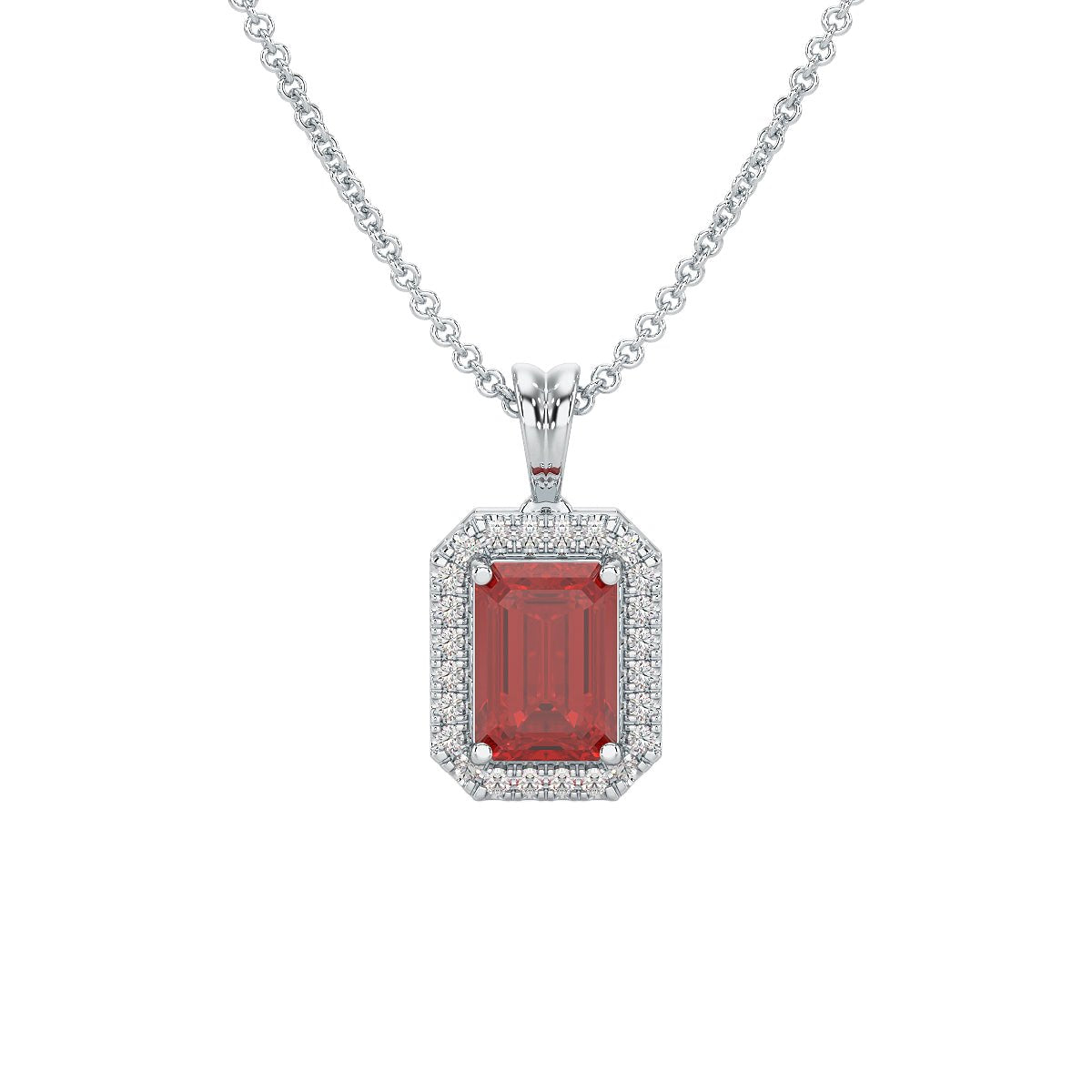 Rectangular Ruby Halo Pendant in white gold or platinum, close-up view