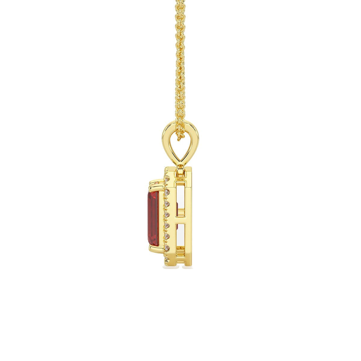 Rectangular Ruby Halo Pendant in yellow gold, side view