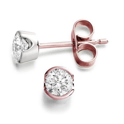 Half Rubover Solitaire Earrings in rose and white gold