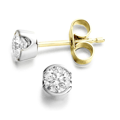 Half Rubover Solitaire Earrings in yellow and white gold