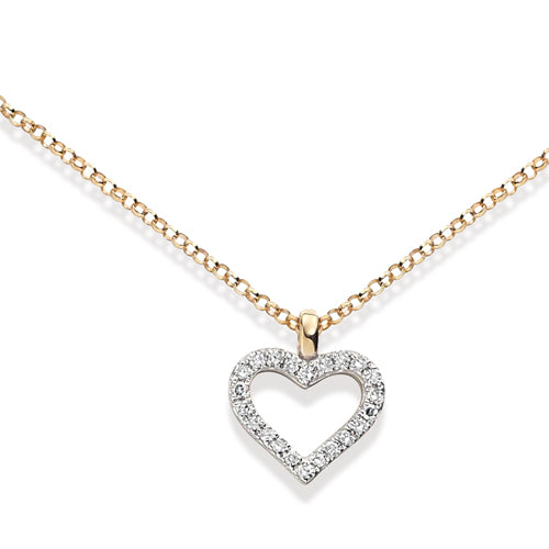 A heart-shaped pendant necklace with a diamond pave design.