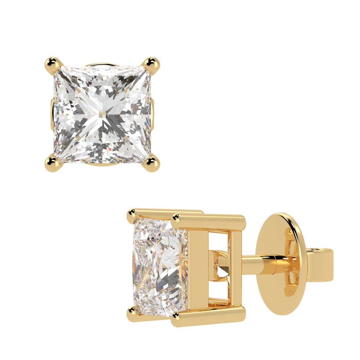 Princess Cut Solitaire Earrings in yellow gold