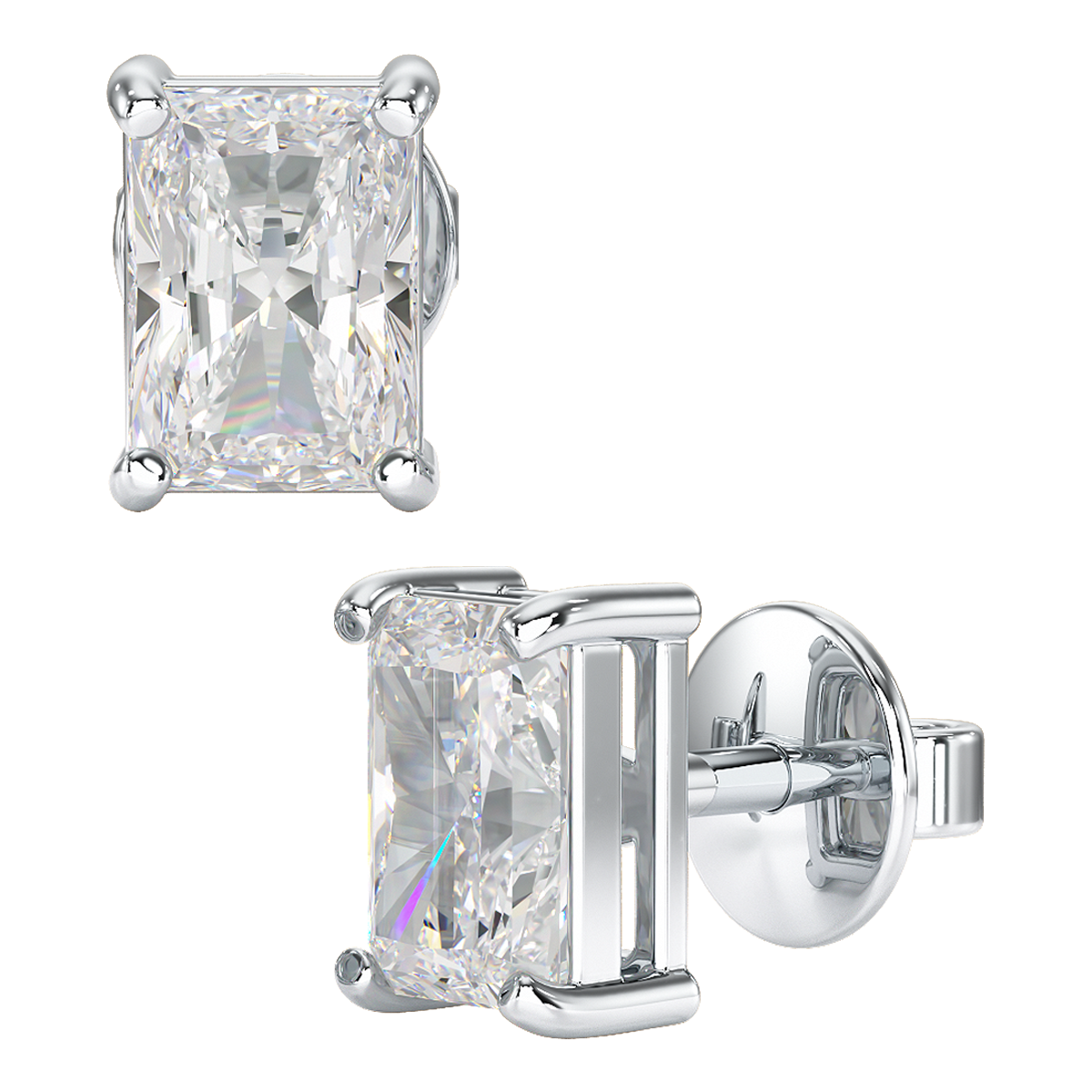 Radiant Cut Solitaire Stud Earrings in white gold or platinum