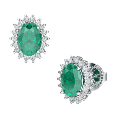 Emerald Sunburst Earrings White Gold Platinum Front &amp; Side View