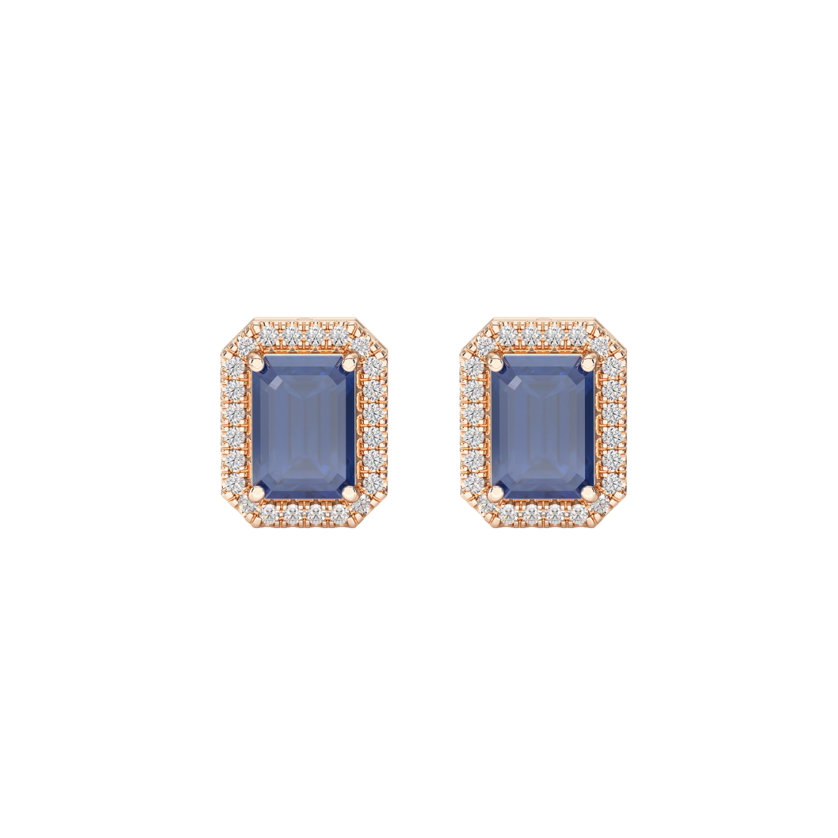 Rectangular Blue Sapphire Halo Earrings in rose gold, front view