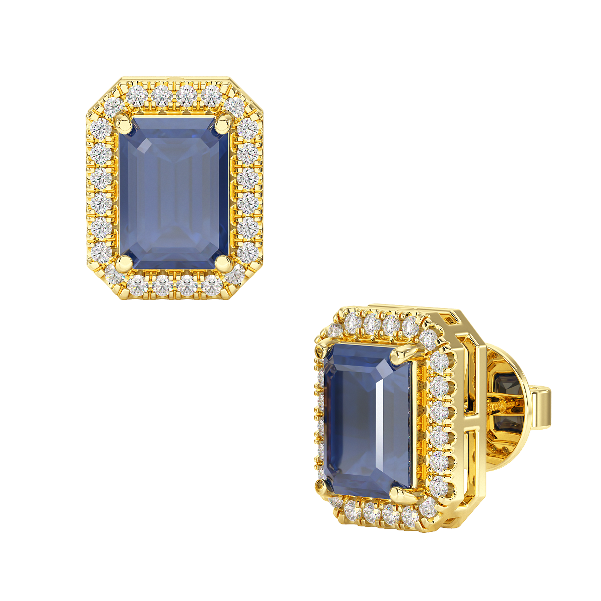 Rectangular Blue Sapphire Halo Earrings in yellow gold, front &amp; side view