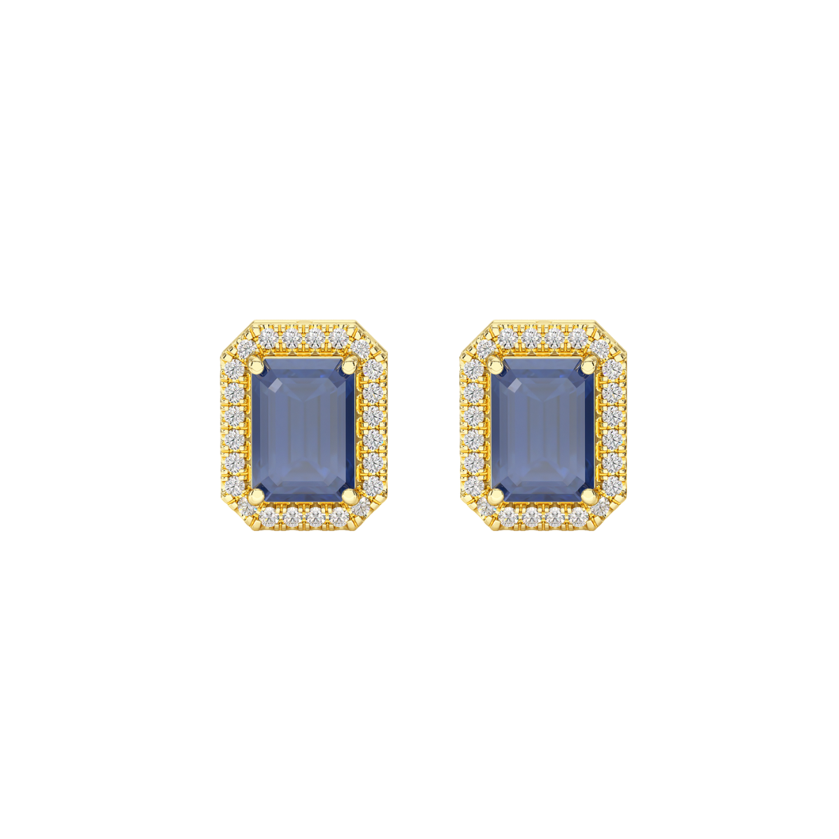 Rectangular Blue Sapphire Halo Earrings in yellow gold, front view