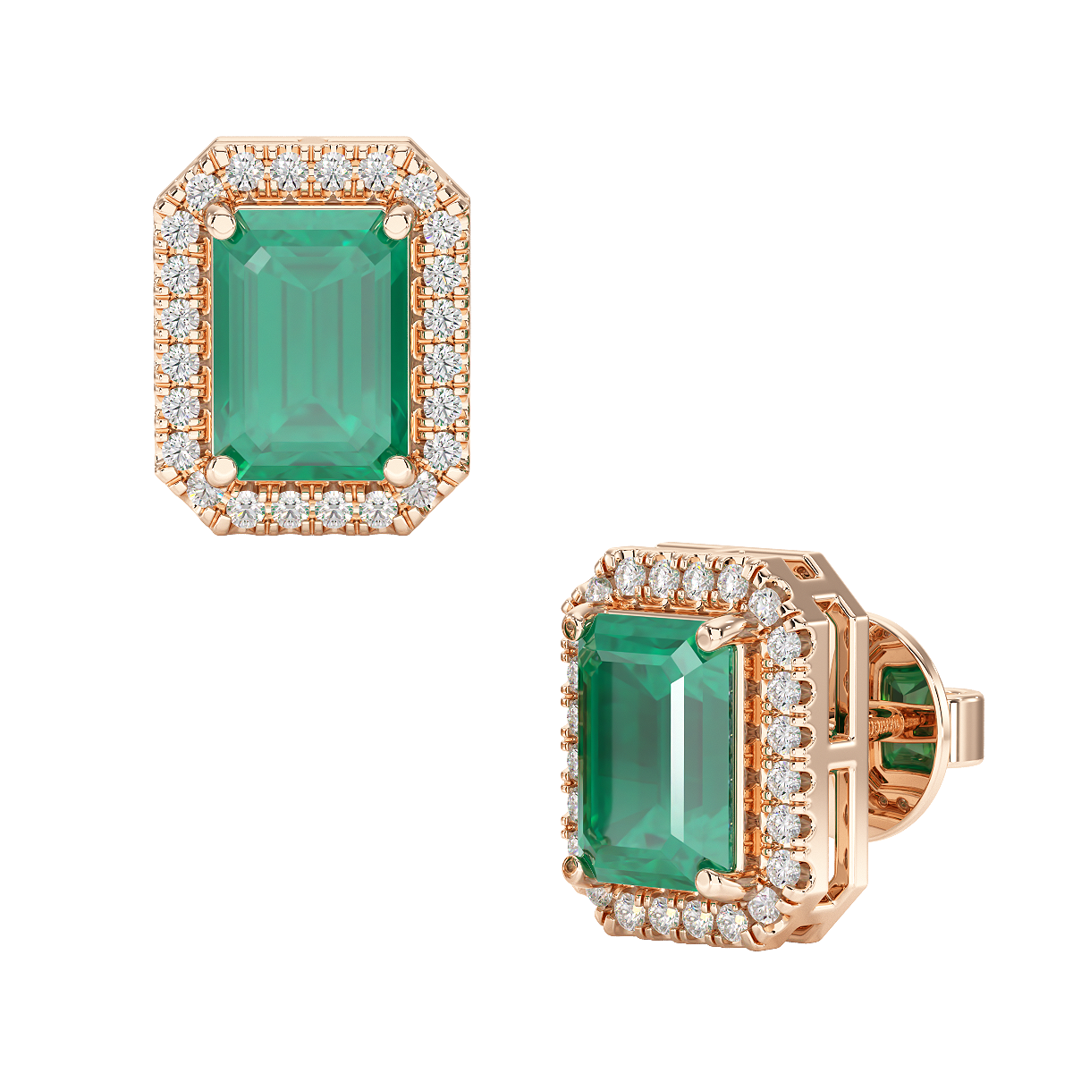 Rectangular Emerald Halo Earrings in rose gold, front &amp; side view
