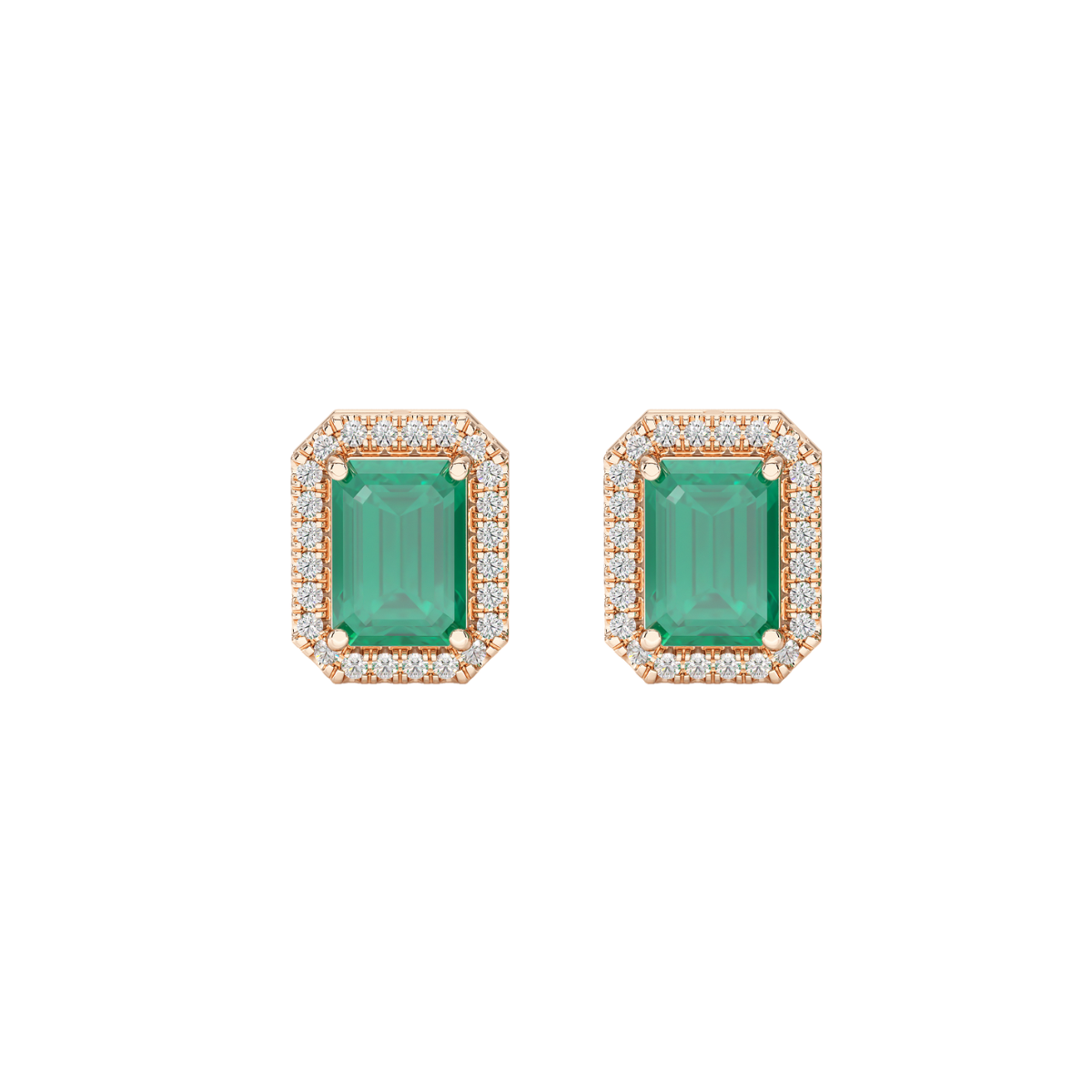 Rectangular Emerald Halo Earrings in rose gold, front view