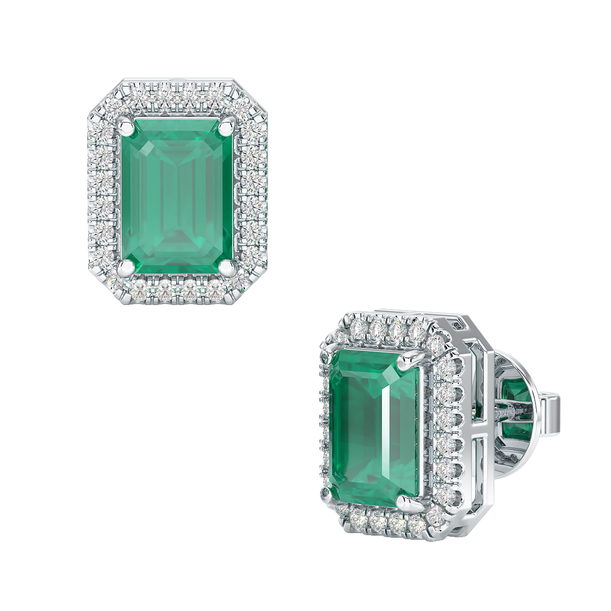 Rectangular Emerald Halo Earrings in white gold or platinum, front &amp; side view