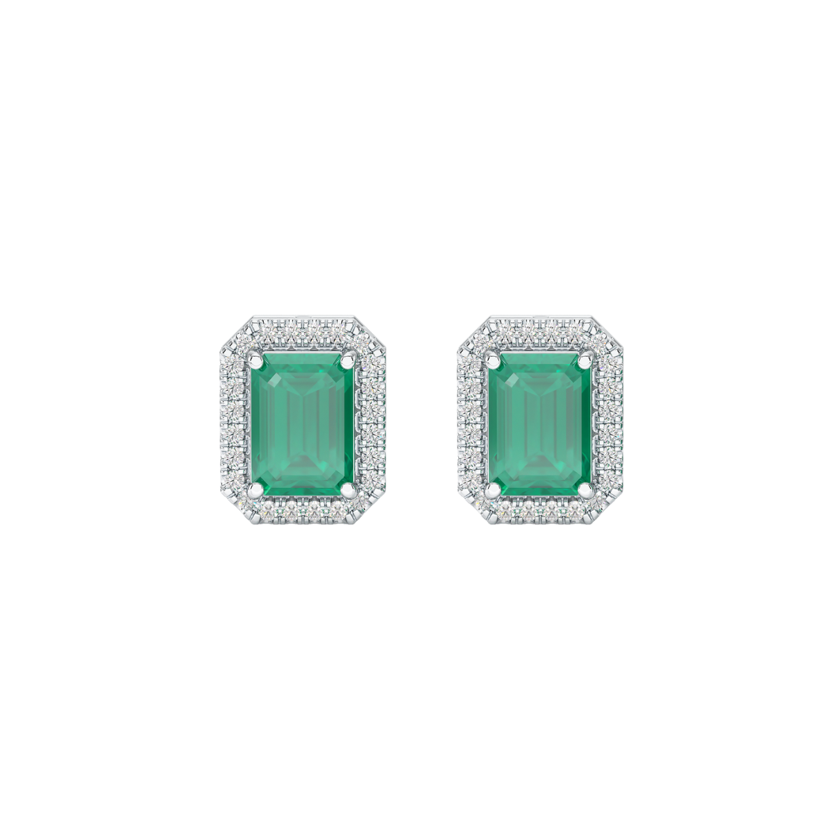 Rectangular Emerald Halo Earrings in white gold or platinum, front view