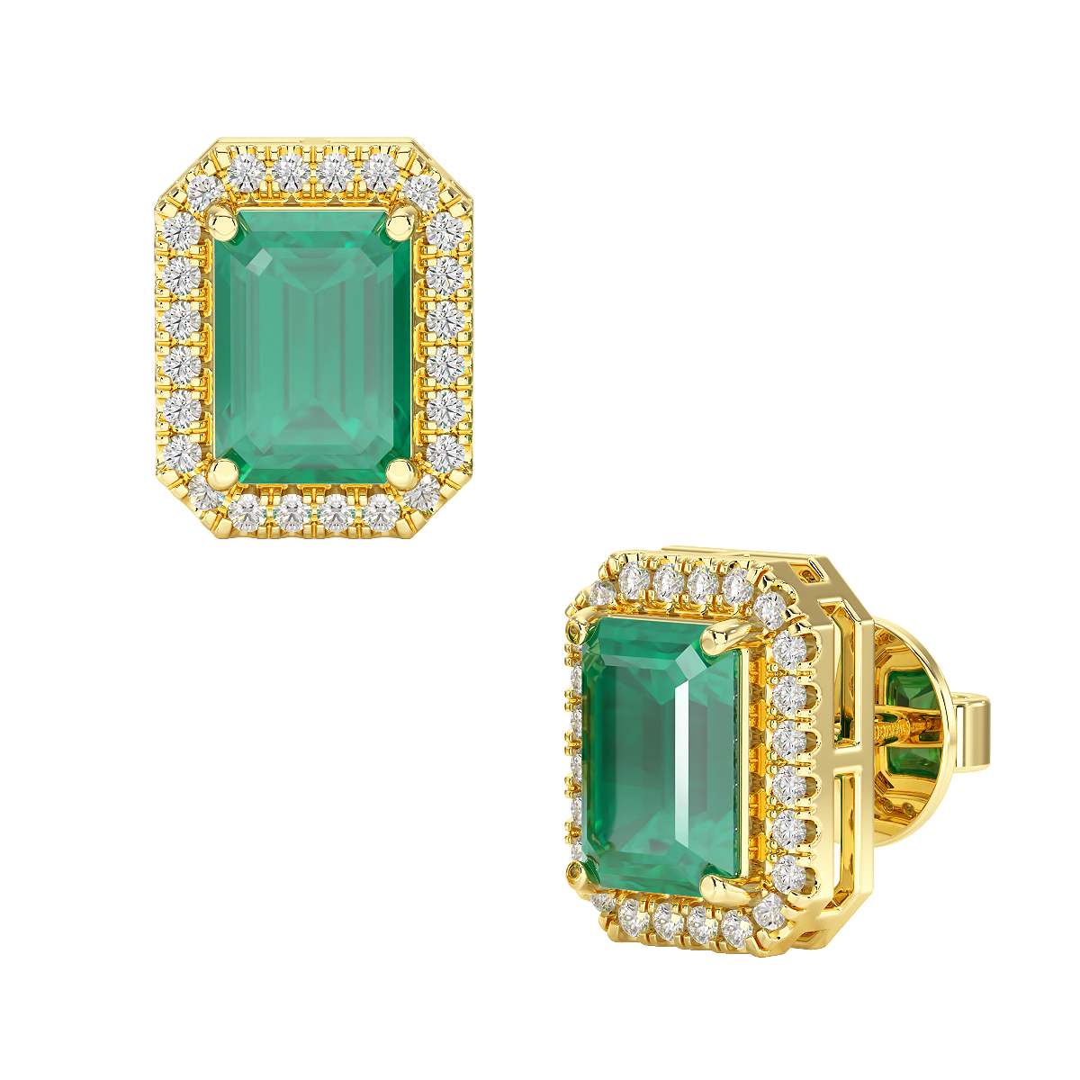 Rectangular Emerald Halo Earrings in yellow gold, front &amp; side view