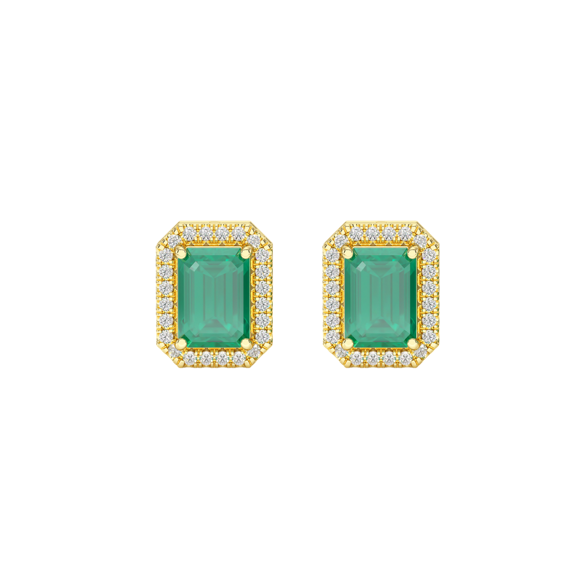 Rectangular Emerald Halo Earrings in yellow gold, front view