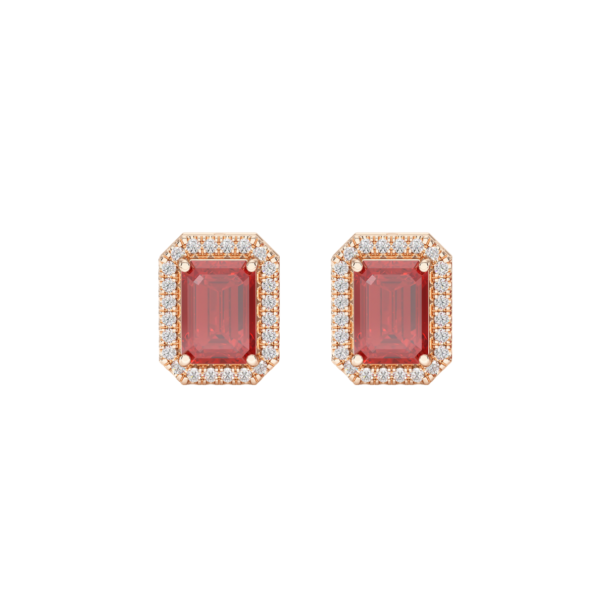 Rectangular Ruby Halo Earrings in rose gold, front view
