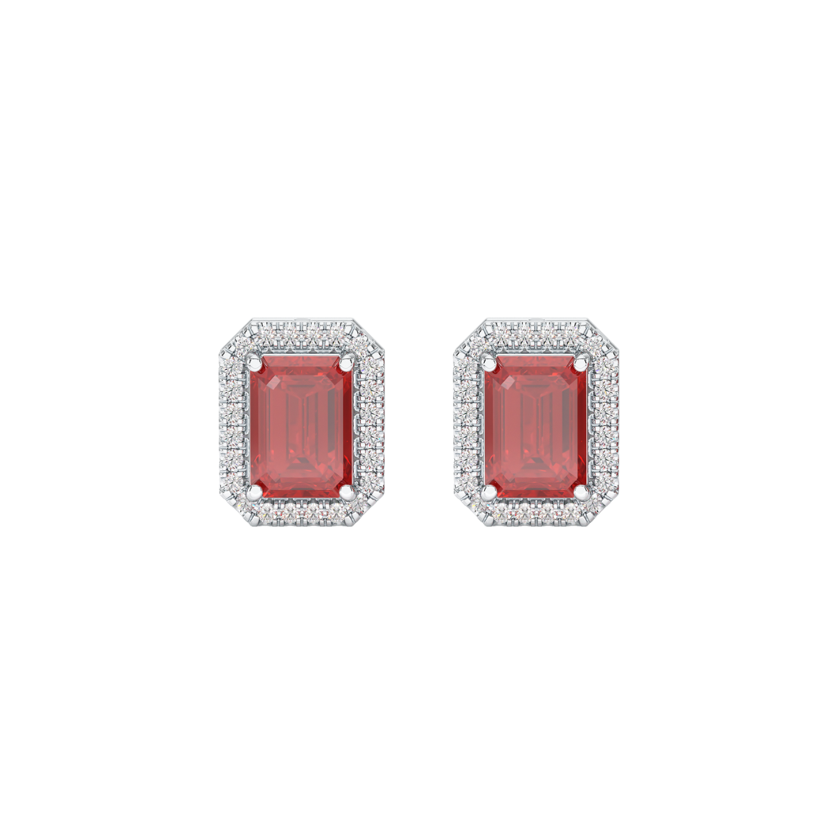 Rectangular Ruby Halo Earrings in white gold or platinum, front view