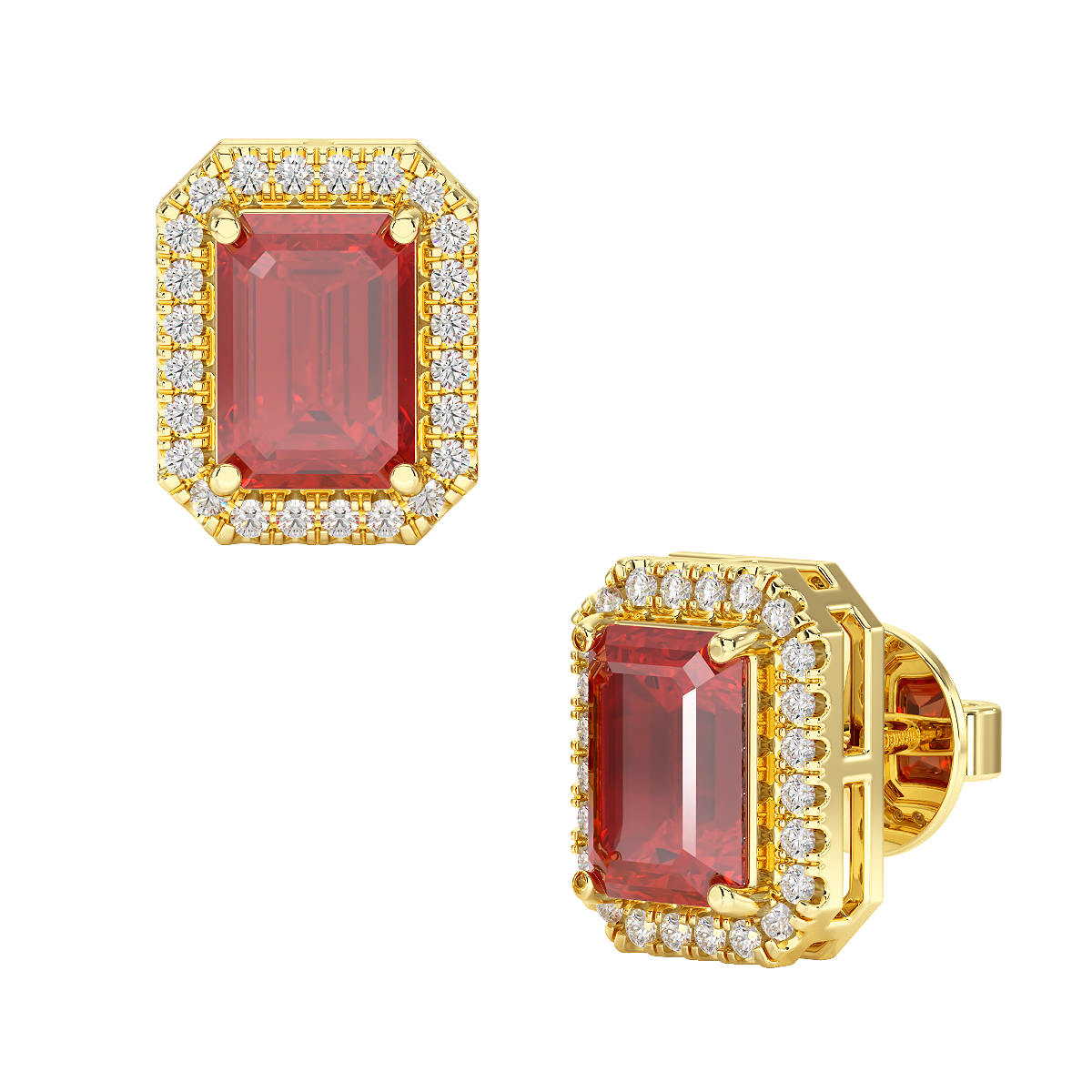 Rectangular Ruby Halo Earrings in yellow gold, front &amp; side view