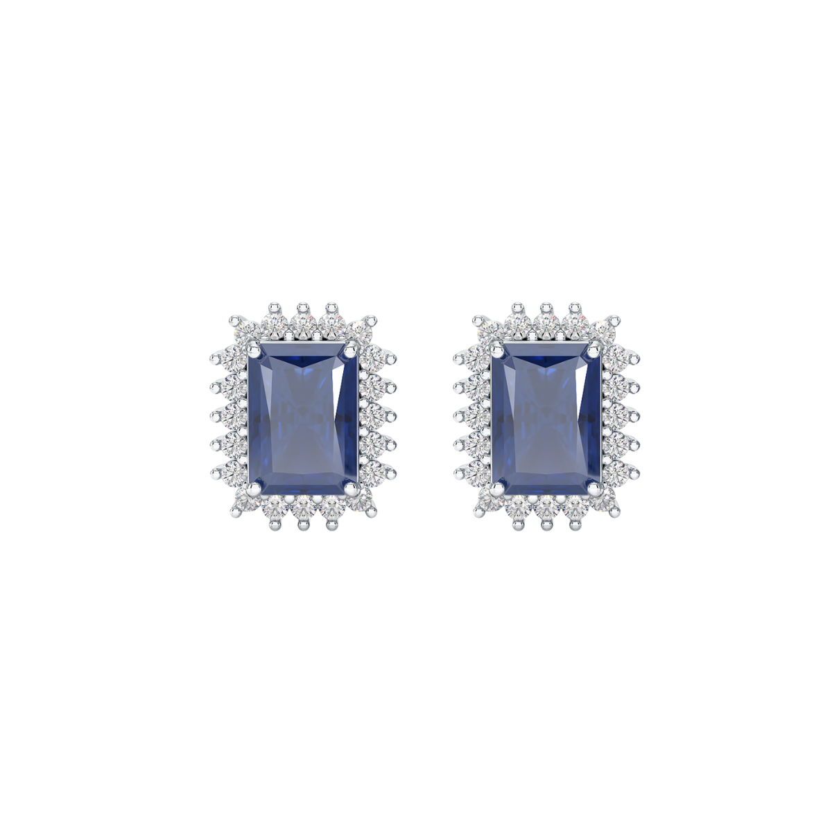 Rectangular Blue Sapphire Sunburst Earrings in white gold or platinum, front view