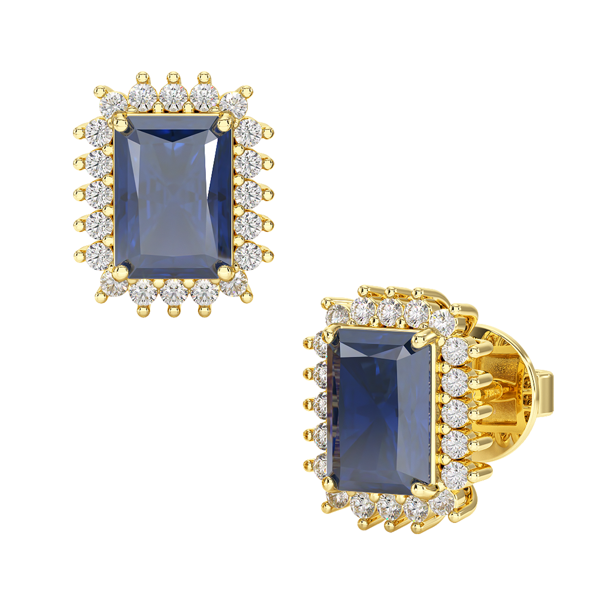 Rectangular Blue Sapphire Sunburst Earrings in yellow gold, front &amp; side view