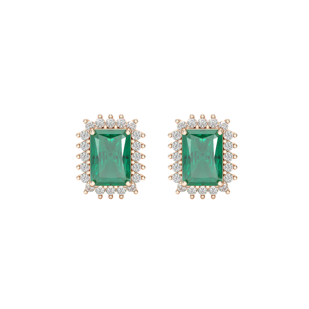 Rectangular Emerald Sunburst Earrings in rose gold, front view