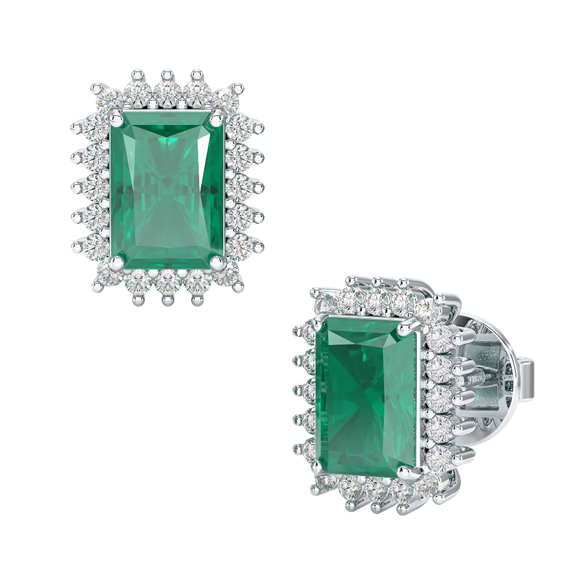 Rectangular Emerald Sunburst Earrings in white gold or platinum, front &amp; side view
