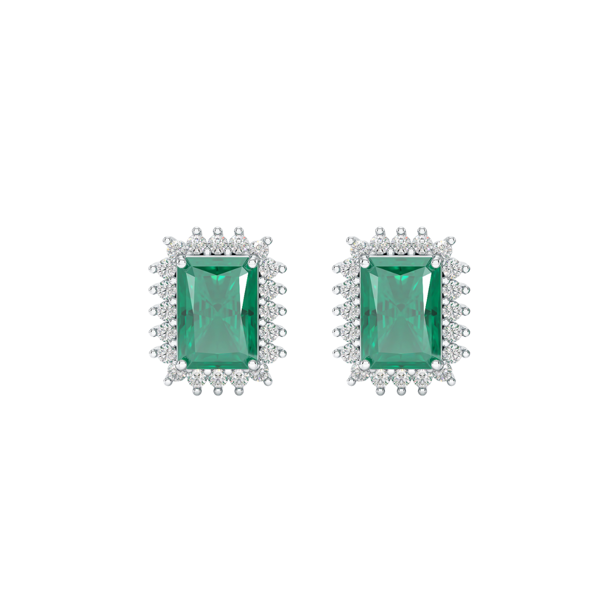 Rectangular Emerald Sunburst Earrings in white gold or platinum, front view