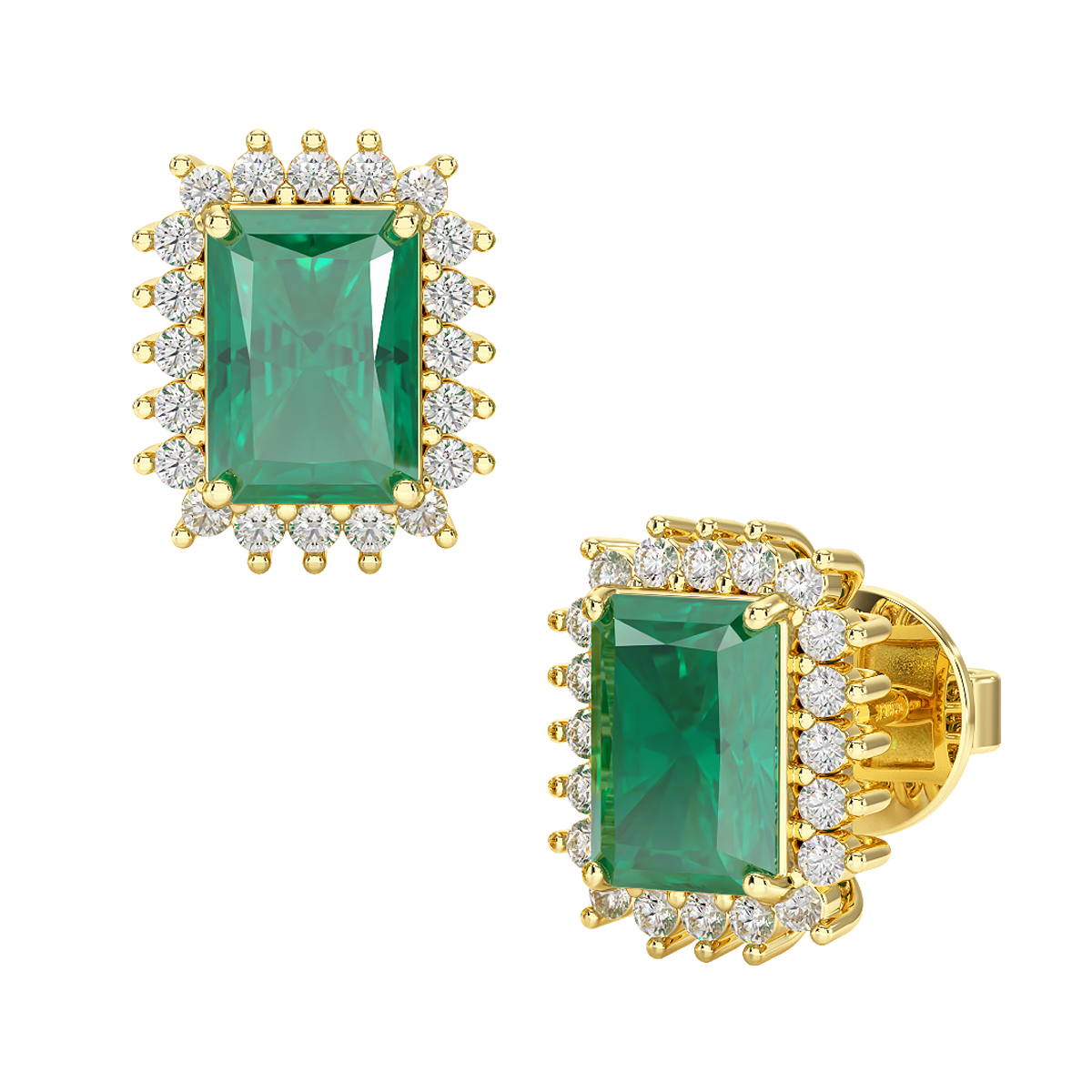 Rectangular Emerald Sunburst Earrings in yellow gold, front &amp; side view