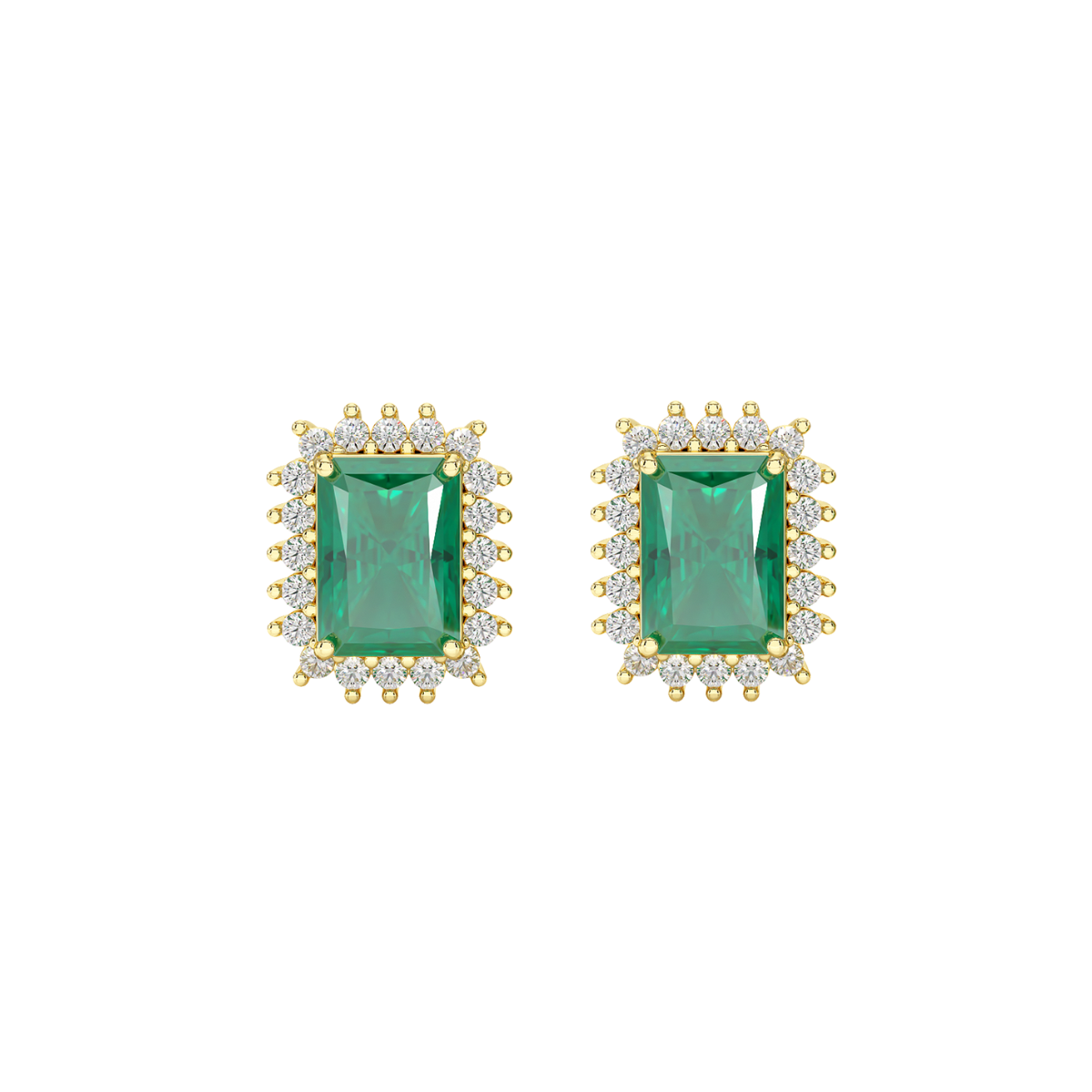 Rectangular Emerald Sunburst Earrings in yellow gold, front view
