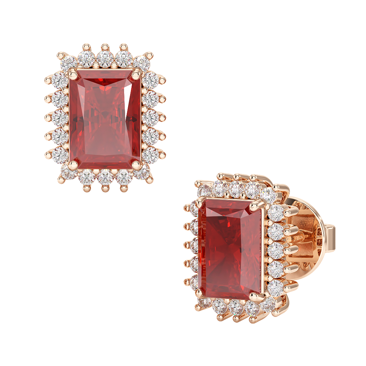 Rectangular Ruby Sunburst Earrings in rose gold, front &amp; side view