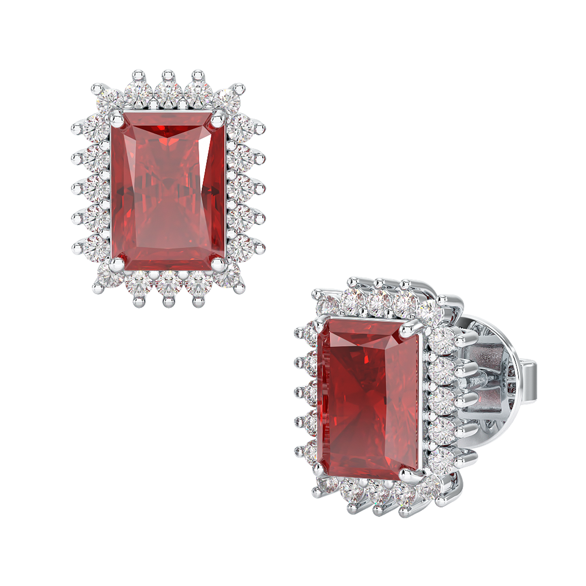 Rectangular Ruby Sunburst Earrings in white gold or platinum, front &amp; side view