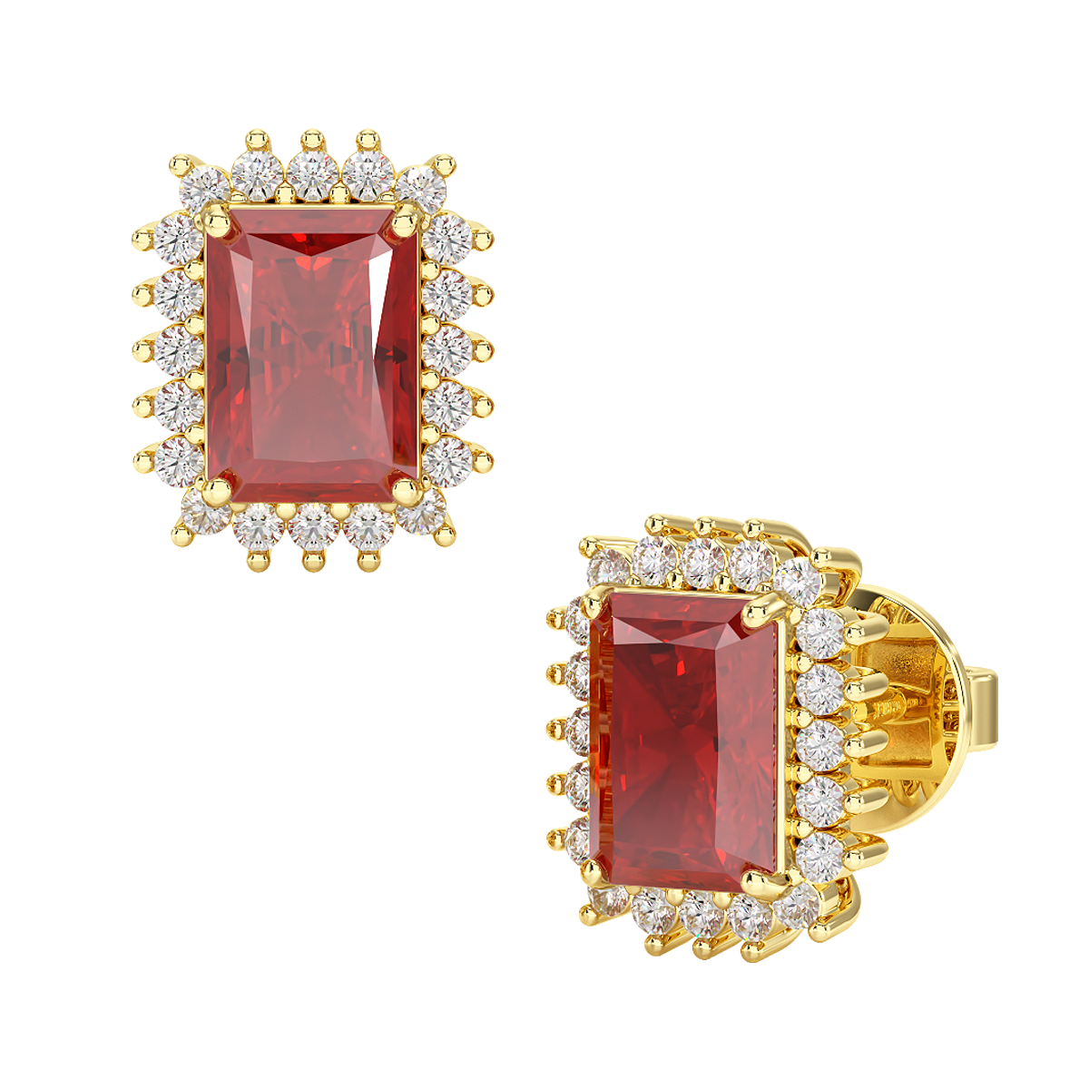 Rectangular Ruby Sunburst Earrings in yellow gold, front &amp; side view