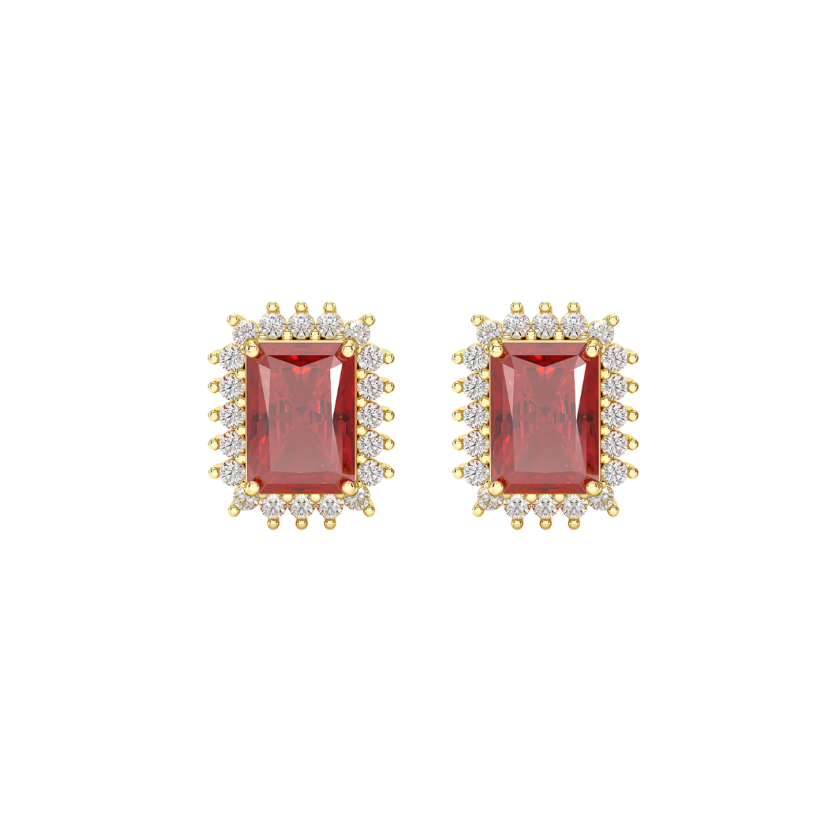 Rectangular Ruby Sunburst Earrings in yellow gold, front view