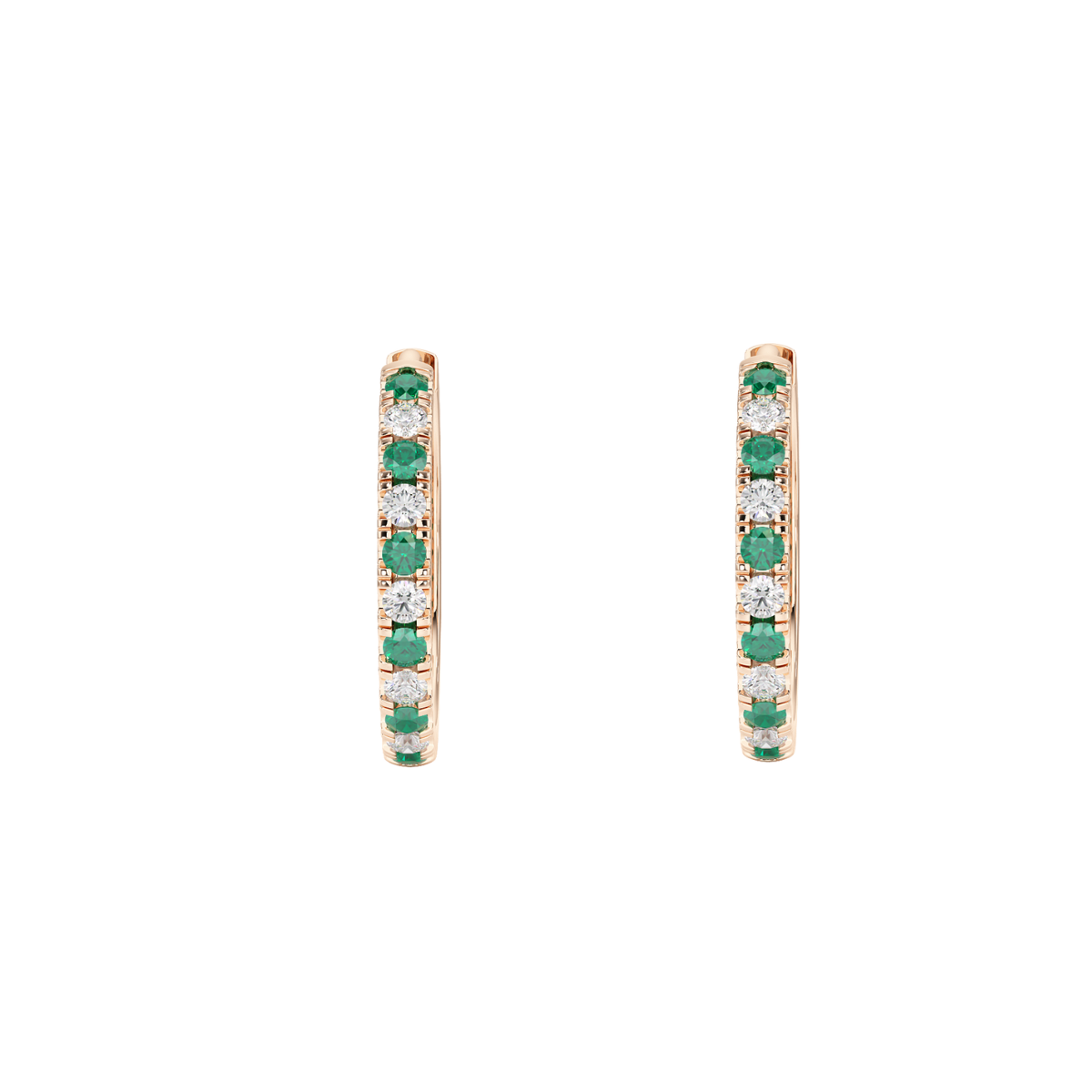 Emerald &amp; Diamond Hoop Earrings in rose gold, front view