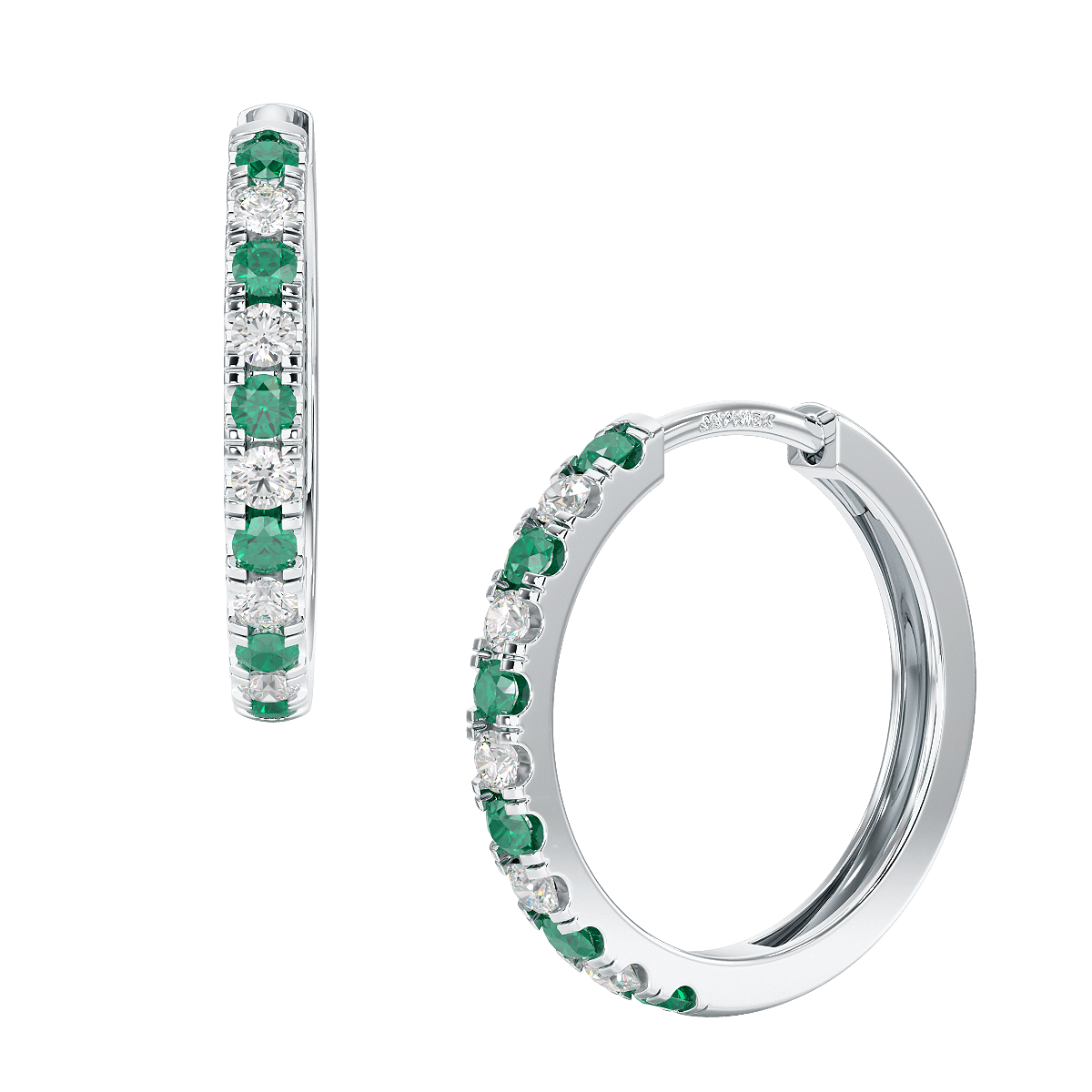 Emerald &amp; Diamond Hoop Earrings in white gold or platinum, front &amp; side view
