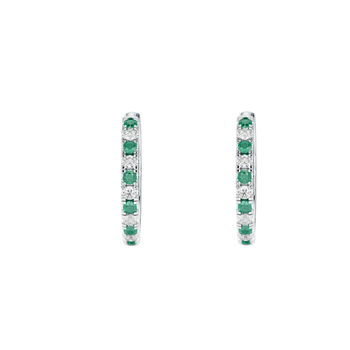 Emerald &amp; Diamond Hoop Earrings in white gold or platinum, front view