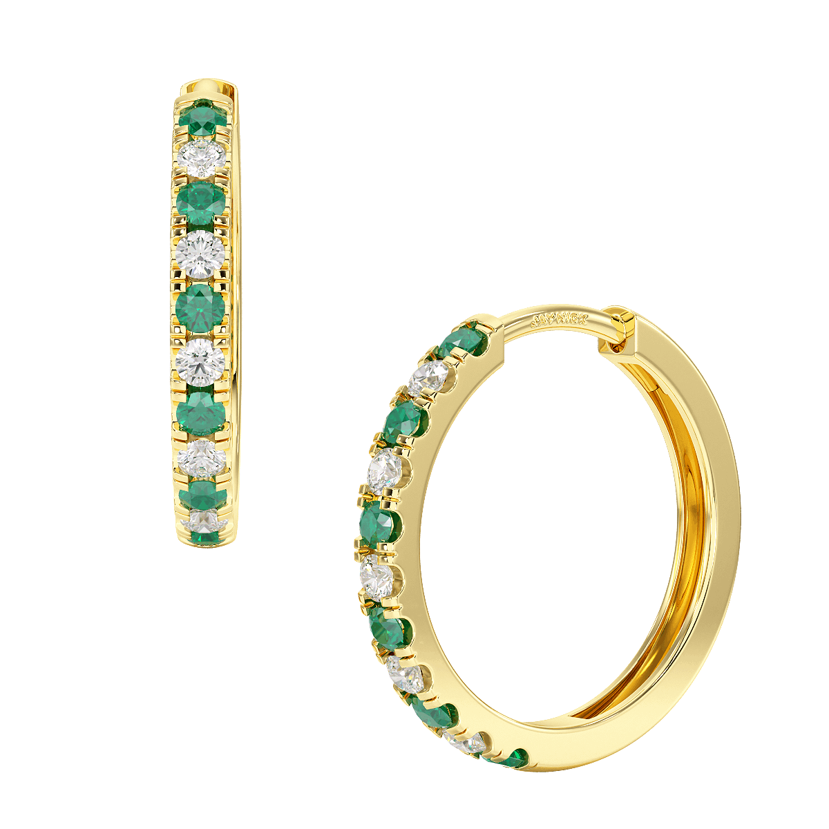 Emerald &amp; Diamond Hoop Earrings in yellow gold, front &amp; side view