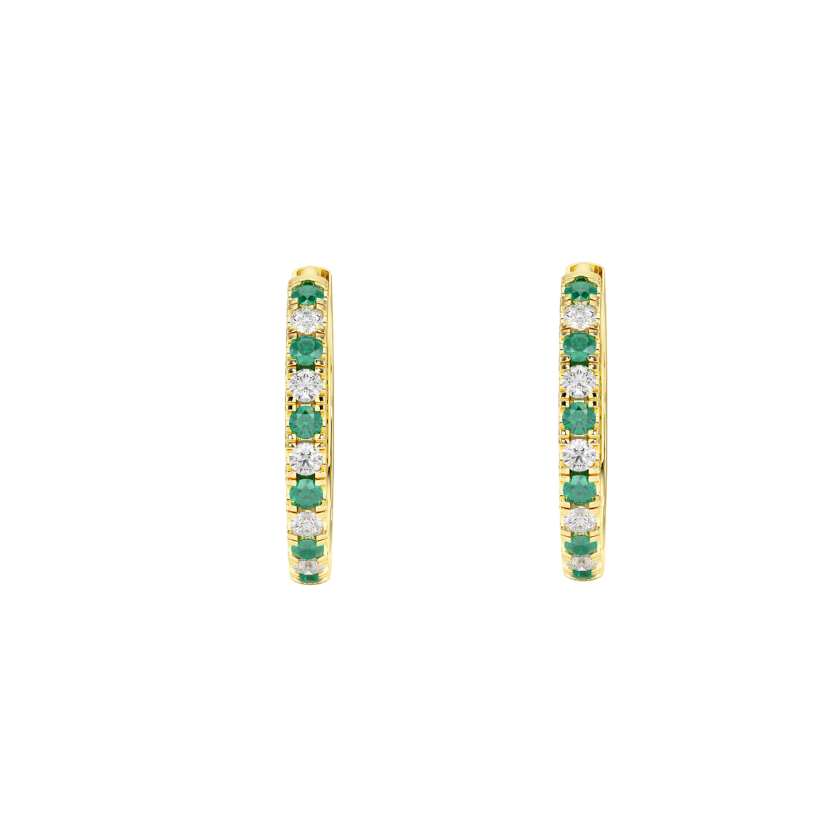 Emerald &amp; Diamond Hoop Earrings in yellow gold, front view