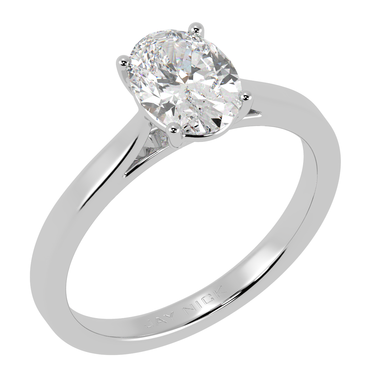 Oval Cut Solitaire Ring in white gold or platinum, perspective view