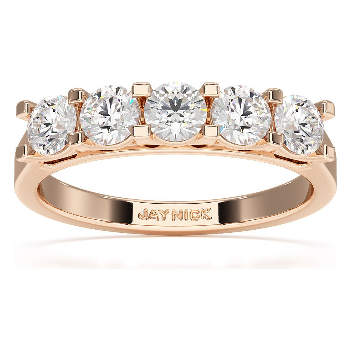Round Cut V Set Five Stone Ring in rose gold, top view