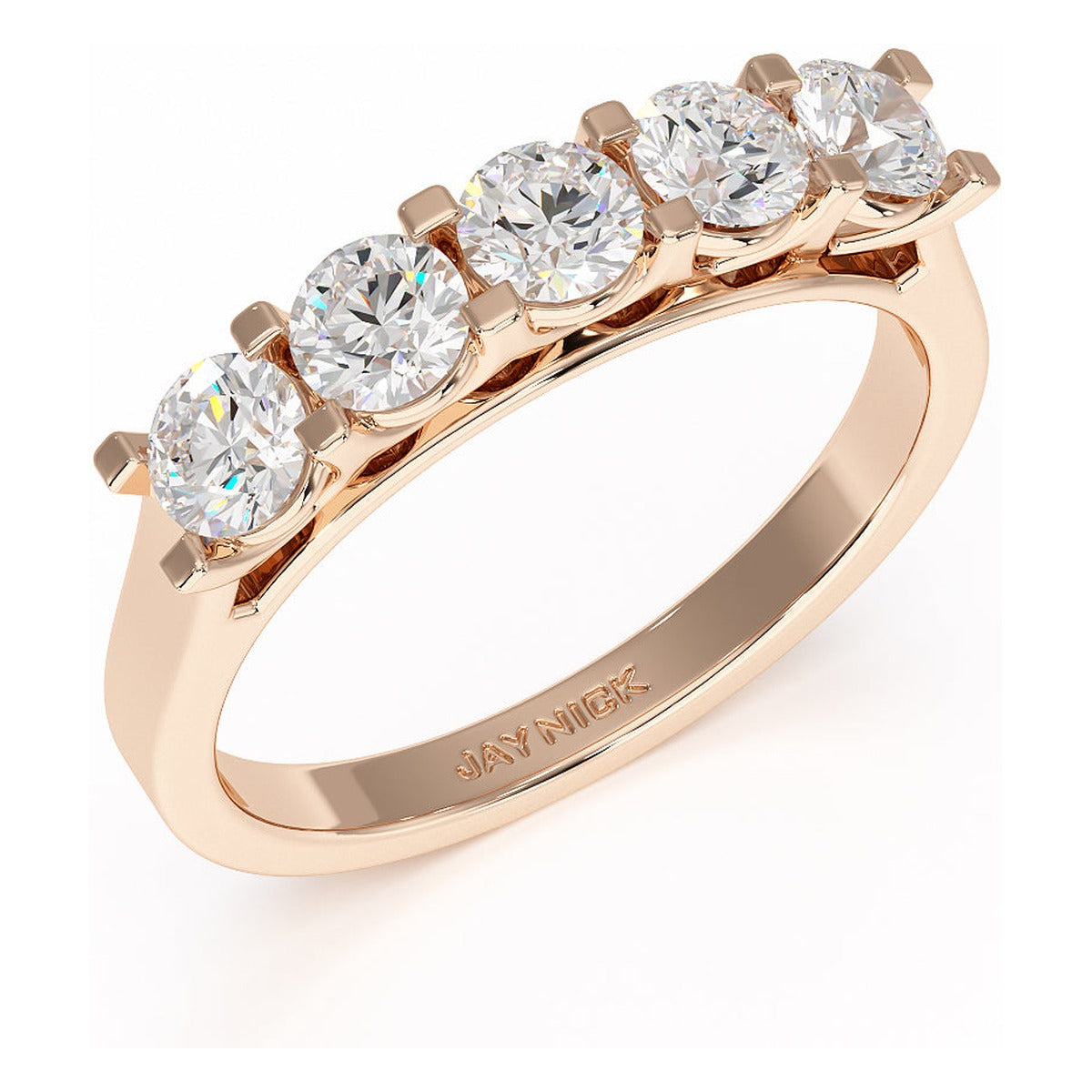 Round Cut V Set Five Stone Ring in rose gold, perspective view