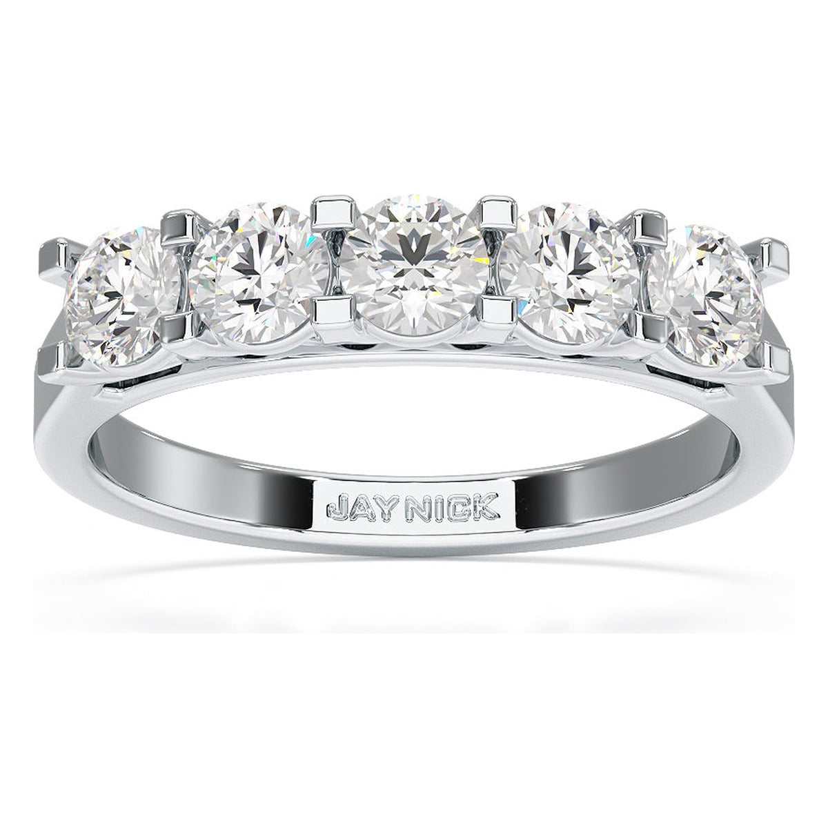 Round Cut V Set Five Stone Ring in white gold or platinum, top view