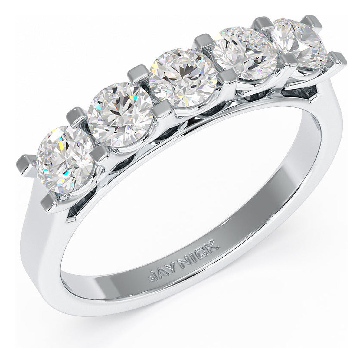 Round Cut V Set Five Stone Ring in white gold or platinum, perspective view