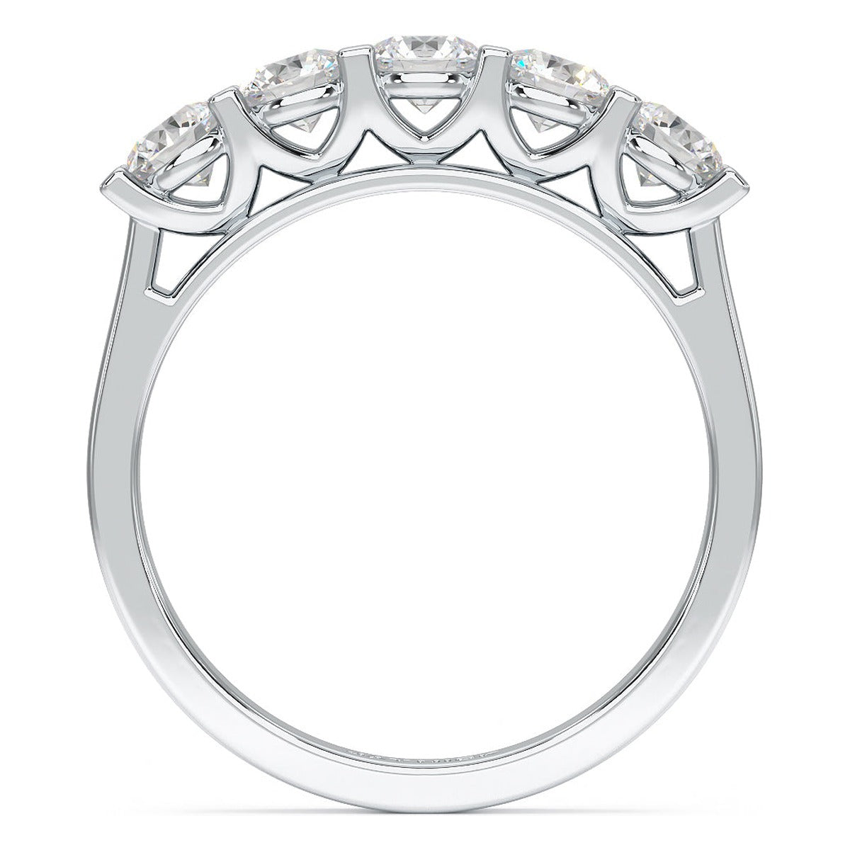 Round Cut V Set Five Stone Ring in white gold or platinum, flat view
