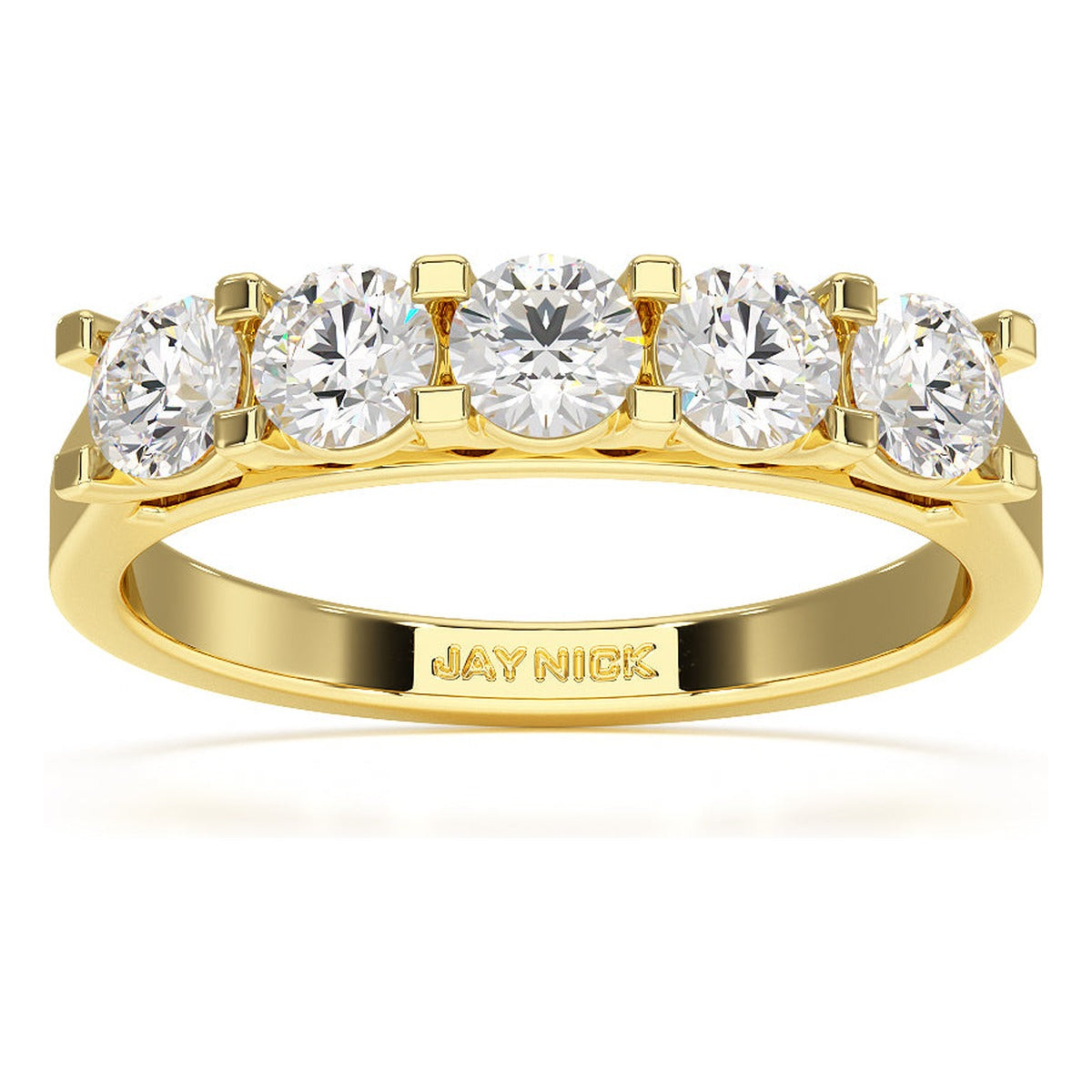 Round Cut V Set Five Stone Ring in yellow gold, top view