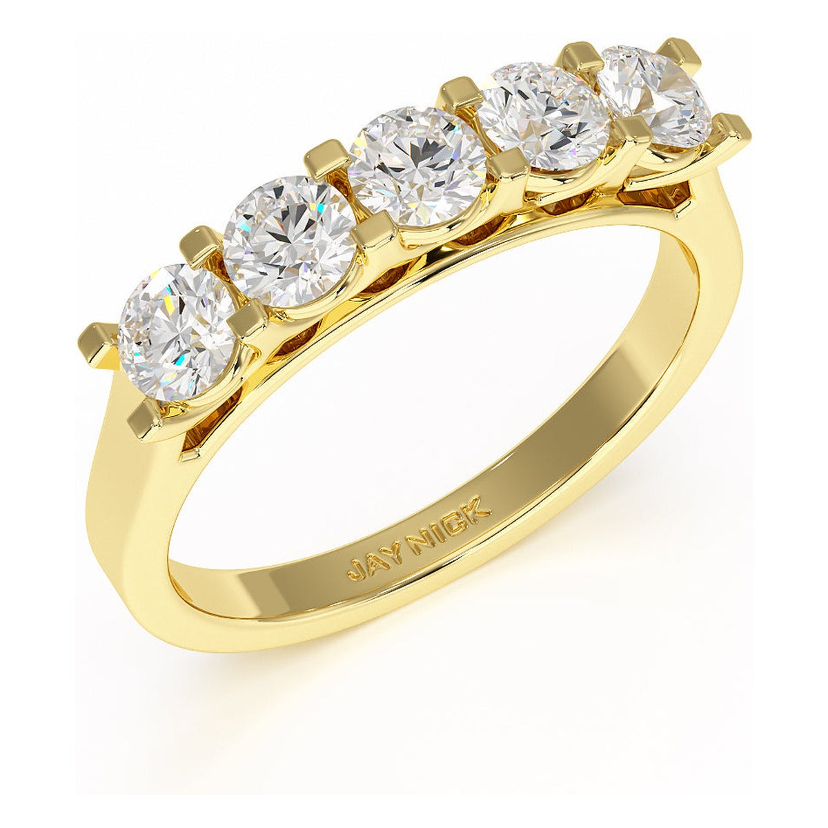 Round Cut V Set Five Stone Ring in yellow gold, perspective view